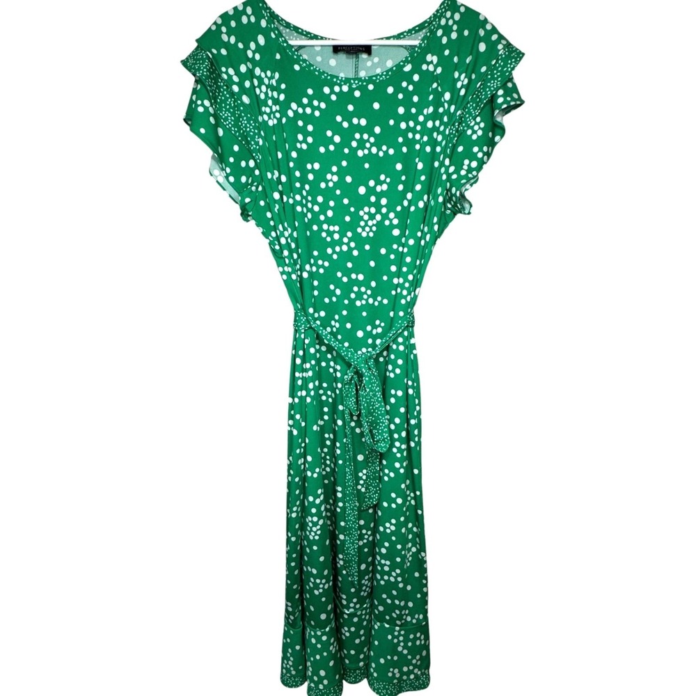 Perceptions Green Polka Dot Dress Womens XL Flutter Sleeve Tie Waist Ruffle Midi